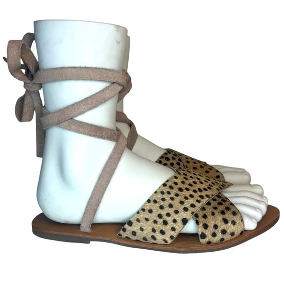 REVOLVE URGE Cheetah Print Ankle Wrap Pony Hair Flat Sandals 7.5 38 Animal Print - Picture 5 of 12